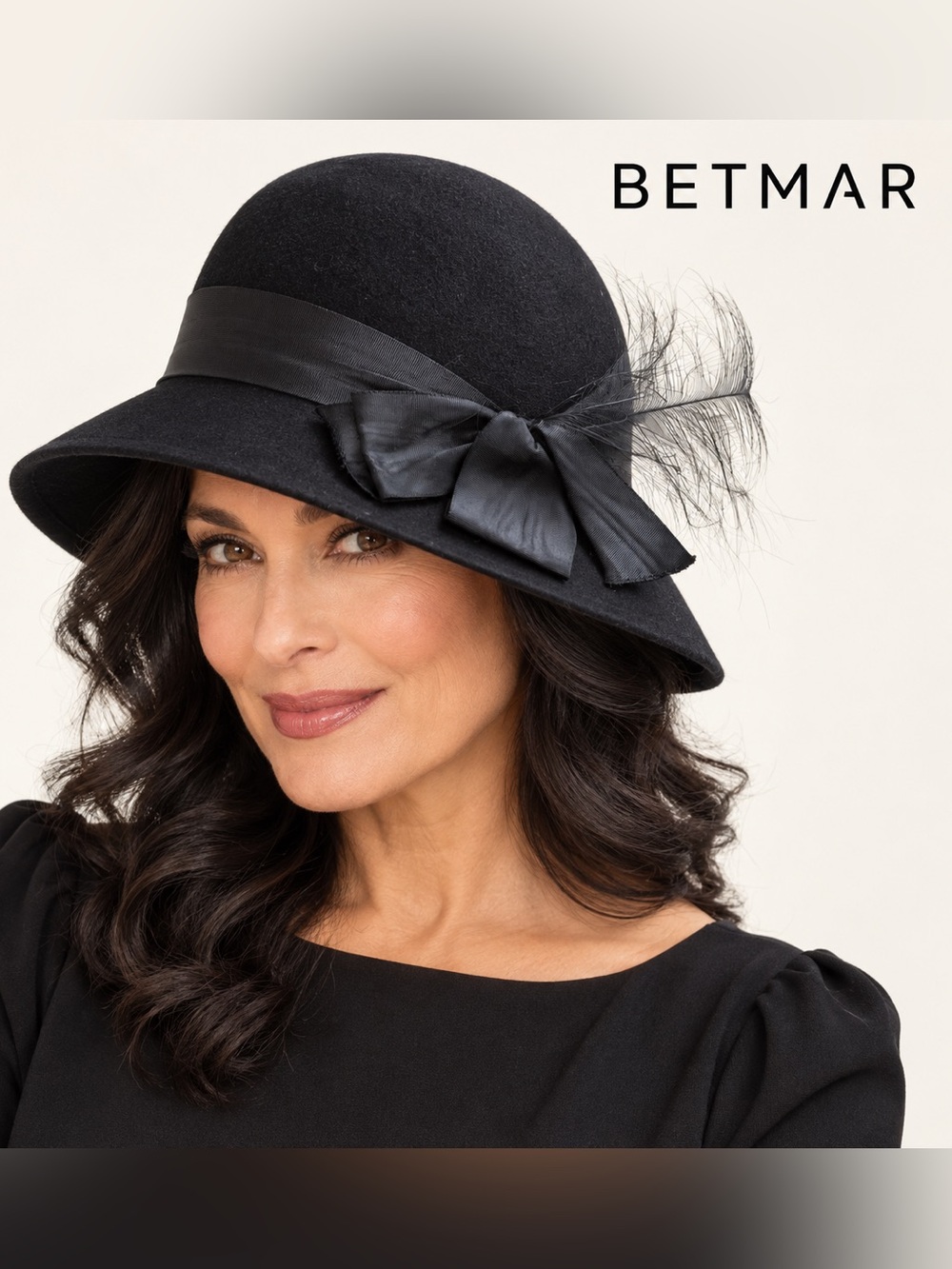 Vintage Betmar Black 100% Wool Cloche Hat Satin Bow Feather Made in USA
